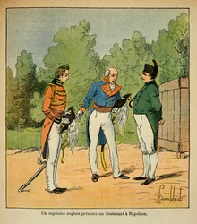 Illustration von Louis Bombled (1862-1927) aus dem Buch „Das Memorial von Saint Helena“ von Graf Emmanuel de Las Cases (1766-1842): Auf St. Helena stellt ein englischer Kapitän Kaiser Napoleon einen Leutnant vor, Privatbesitz