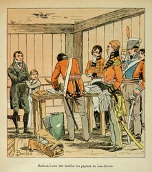 Illustration aus dem Buch „The memorial se Sainte Helene“ von Graf Emmanuel de Las Cases: Hudson Lowe lässt die Papiere von Las Cases durchsuchen
