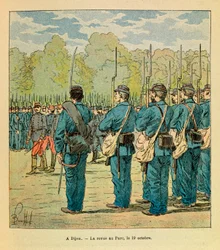 „Die Ostarmee“ von Eugène Sergeant, genannt Grenest, illustriert von Louis Bombled (1862-1927) (Deutsch-Französischer Krieg; Feldzug von 1870-1871): In Dijon, das Magazin der Nationalgarde im Park am 19. Oktober