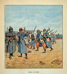 Die Armee der Loire von Eugene Sergent, illustriert von Louis Bombled (Deutsch-Französischer Krieg; Feldzug von 1870-1871): Rückzug der französischen Armee während der Kämpfe von Beaune La Rolande im November 1870, Privatsammlung
