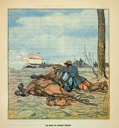Die Armee der Loire von Eugene Sergent, illustriert von Louis Bombled (Deutsch-Französischer Krieg; Feldzug von 1870-1871): Tod von Oberst Girard während der Kämpfe von Neuville aux Bois im November 1870, Privatsammlung