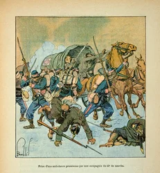 Die Armee der Loire von Eugene Sergent, dit Grenest, illustriert von Louis Bombled (Deutsch-Französischer Krieg; Feldzug von 1870-1871): Einnahme eines preußischen Krankenwagens durch eine Kompanie des 43. Marsches