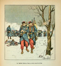 Die Armee der Loire von Eugene Sergent, dit Grenest, illustriert von Louis Bombled (Deutsch-Französischer Krieg; Feldzug von 1870-1871): Der Delorme-Hahn, Wunden ziehen sich unter den Kugeln zurück