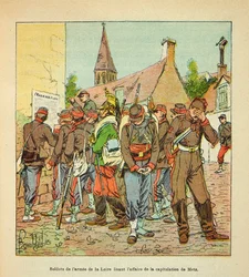 Die Armee der Loire von Eugene Sergent, dit Grenest, illustriert von Louis Bombled (Deutsch-Französischer Krieg; Feldzug von 1870-1871): Soldaten der Armee der Loire lesen den Fall der Kapitulation von Metz