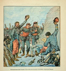 Die Armee der Loire von Eugene Sergent, illustriert von Louis Bombled (Deutsch-Französischer Krieg; Feldzug von 1870-1871): Die Soldaten der Armee der Loire begeistert über den siegreichen Auszug von General Ducrot
