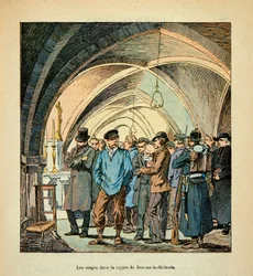Die Armee der Loire von Eugene Sergent, illustriert von Louis Bombled (Deutsch-Französischer Krieg; Feldzug von 1870-1871): Französische Geiseln in der Krypta von Beaune La Rolande während der Kämpfe am 28. November 1870