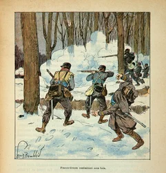 Die Armee der Loire von Eugene Sergent, bekannt als Grenest, illustriert von Louis Bombled (Deutsch-Französischer Krieg; Feldzug von 1870-1871): Francs-Schützen, französischer Kämpfer im Wald