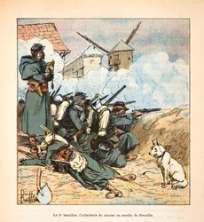 Die Armee der Loire von Eugene Sergent, bekannt als Grenest, illustriert von Louis Bombled (Deutsch-Französischer Krieg; Feldzug von 1870-1871): Das 5. Marineinfanteriebataillon an der Mühle von Neuville aux Bois im Dezember 1870