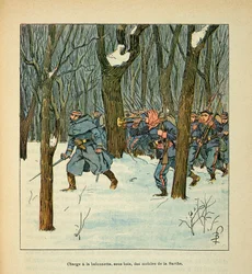 Die Armee der Loire von Eugene Sergent, illustriert von Louis Bombled (Deutsch-Französischer Krieg; Feldzug von 1870-1871): Schlacht von Le Mans im Januar 1871, Angriff der Mobilen von Sarthe