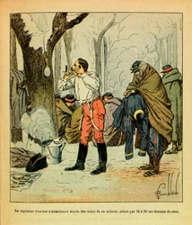 Die östliche Armee von Eugene Sergeant, genannt Grenest, illustriert von Louis Bombled (1862-1927) (Französisch-Deutscher Krieg; Feldzug von 1870-1871): Hauptmann Gaucher gibt selbst im tiefsten Winter keine seiner Pflichten auf, Privatsammlung