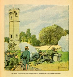Die Ostarmee von Eugène Sergeant, genannt Grenest, illustriert von Louis Bombled (1862-1927) (Deutsch-Französischer Krieg; Feldzug von 1870-1871): Verteidigung von Dijon im Oktober 1870, die Nationalgardisten von Dijon verteidigen die Höhen von