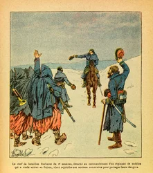 Die Ost-Armee von Eugene Sergeant, genannt Grenest, illustriert von Louis Bombled (1862-1927) (Deutsch-Französischer Krieg; Feldzug von 1870-1871): Der Anführer der Barberet-Bataillone der 4. Zuaven, löst sich, um ein Regiment von Mobilen zu befehligen, da
