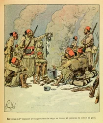 Die östliche Armee: Januar 1871, die Turcos des 1. Regiments biwakieren im Schnee, in Blusen und Hosen aus Segeltuch und barfuß