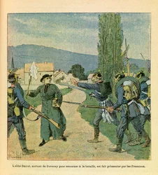 Die Ostarmee von Eugene Sergeant, bekannt als Grenest, illustriert von Louis Bombled (1862-1927) (Deutsch-Französischer Krieg; Feldzug von 1870-1871): Abbe Barret verlässt Devecey, um sich den Franzosen anzuschließen, wurde während der Kämpfe bei Cussey vo