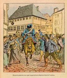 Die Ost-Armee von Eugene Sergeant, illustriert von Louis Bombled: Preußische Vorhut wird von der Bevölkerung von Rambervillers ausgebuht