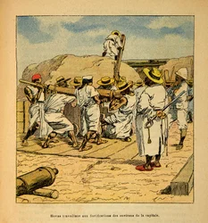 Der Krieg in Madagaskar - Anekdotische Geschichte der französischen Expeditionen von 1885-1895 von Henri Galli, genannt Galllichet (1854-1922), illustriert von Louis Bombled (1862-1927): Hovas arbeiten an den Befestigungen der Hauptstadt im Jahr 1895, Priv