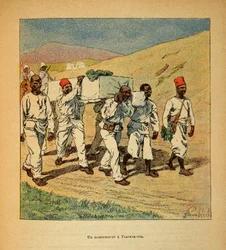 Der Krieg in Madagaskar - Anekdotische Geschichte der französischen Expeditionen von 1885-1895 von Henri Galli dit Galllichet (1854-1922), illustriert von Louis Bombled (1862-1927): Beerdigung eines Soldaten in Tsarasaotra im Jahr 1895, Private Sammlung