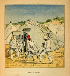 Der Krieg in Madagaskar - Anekdotische Geschichte der französischen Expeditionen von 1885-1895 von Henri Galli dit Galllichet (1854-1922), illustriert von Louis Bombled (1862-1927): Militärisches Feldlazarett in Madagaskar im Jahr 1895, Private Sammlung