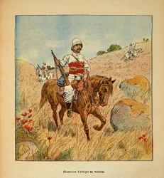 Der Krieg in Madagaskar - Anekdotische Geschichte der französischen Expeditionen von 1885-1895 von Henri Galli dit Galllichet, illustriert von Louis Bombled: Afrikajäger auf Erkundung in Madagaskar im Jahr 1895