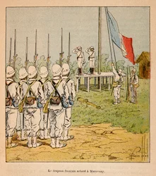 Der Krieg in Madagaskar - Anekdotische Geschichte der französischen Expeditionen von 1885-1895 von Henri Galli dit Galllichet, illustriert von Louis Bombled: Die französische Flagge weht in Marovoay im Jahr 1895
