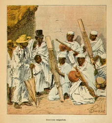Der Krieg in Madagaskar - Anekdotische Geschichte der französischen Expeditionen von 1885-1895 von Henri Galli dit Galllichet, illustriert von Louis Bombled: Madagassische Musiker im 19. Jahrhundert