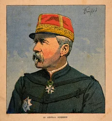 Der Krieg in Madagaskar - Anekdotische Geschichte der französischen Expeditionen von 1885-1895 von Henri Galli dit Galllichet, illustriert von Louis Bombled: Porträt von General Duchesne, Oberbefehlshaber der französischen Expeditionsstreitkräfte