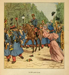 Der Krieg in Madagaskar - Anekdotische Geschichte der französischen Expeditionen von 1885-1895 von Henri Galli dit Galllichet (1854-1922), illustriert von Louis Bombled (1862-1927): Die 200. Linie verlässt Lyon nach Madagaskar im Jahr 1895, Private Sammlun