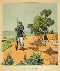 Der Krieg in Madagaskar - Anekdotische Geschichte der französischen Expeditionen von 1885-1895 von Henri Galli dit Galllichet (1854-1922), illustriert von Louis Bombled (1862-1927): Französischer Außenposten in Diego-Suarez in Madagaskar im Jahr 1885, Priv