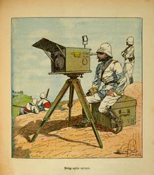 Der Krieg in Madagaskar - Anekdotische Geschichte der französischen Expeditionen von 1885-1895 von Henri Galli, illustriert von Louis Bombled: Optische Telegrafie 1895