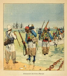Der Krieg in Madagaskar - Anekdotische Geschichte der französischen Expeditionen von 1885-1895 von Henri Galli, illustriert von Louis Bombled: Landung der Turcos in Majunga