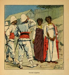 Der Krieg in Madagaskar - Anekdotische Geschichte der französischen Expeditionen von 1885-1895 von Henri Galli dit Galllichet, illustriert von Louis Bombled: Französische Soldaten sympathisieren mit madagassischen Frauen