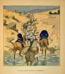 Der Krieg in Madagaskar - Anekdotische Geschichte der französischen Expeditionen von 1885-1895 von Henri Galli dit Galllichet, illustriert von Louis Bombled: Ein Militärkonvoi auf dem Weg nach Suberbieville 1895