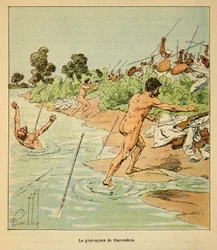 Der Krieg in Madagaskar - Anekdotische Geschichte der französischen Expeditionen von 1885-1895 von Henri Galli dit Galllichet, illustriert von Louis Bombled: Sakalaves greifen französische Unterhändler in Marosakoa 1895 an