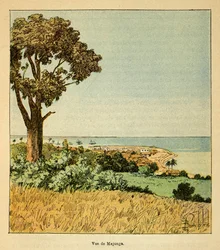 Der Krieg in Madagaskar - Anekdotische Geschichte der französischen Expeditionen von 1885-1895 von Henri Galli dit Galllichet, illustriert von Louis Bombled: Blick auf die Stadt Majunga im 19. Jahrhundert