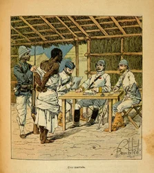 Der Krieg in Madagaskar - Anekdotische Geschichte der französischen Expeditionen von 1885-1895 von Henri Galli dit Galllichet (1854-1922), illustriert von Louis Bombled (1862-1927): Verhör eines Hovas-Gefangenen durch die Franzosen, Privatbesitz