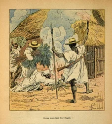 Der Krieg in Madagaskar - Anekdotische Geschichte der französischen Expeditionen von 1885-1895 von Henri Galli, illustriert von Louis Bombled: Hovas brennen Dörfer nieder