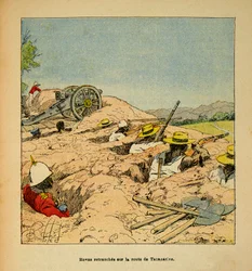 Der Krieg in Madagaskar - Anekdotische Geschichte der französischen Expeditionen von 1885-1895 von Henri Galli dit Galllichet (1854-1922), illustriert von Louis Bombled (1862-1927): Hovas-Truppen in Schützengräben auf dem Weg nach Tannarive im Jahr 1895, P