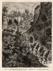 Ein Konvoi von Händlern und ihren Trägern auf dem Weg nach Yunnan (China), graviert nach der Zeichnung von L. Delaporte, zur Illustration der Entdeckungsreise in Indochina von Francis Garnier, Schiffslieutenant, 1866-1868, veröffentlicht in „Le tour du mon