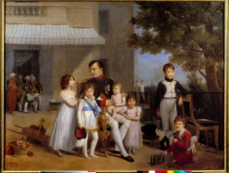 Kaiser Napoleon I. (1769-1821) umgeben von den Kindern seiner Familie auf der Terrasse des Schlosses von Saint Cloud im Jahr 1810. Gemälde von Louis Ducis (1775-1847) 1810
