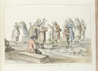 Verhandlung zwischen Reiseleiter und Maultiertreibern, die sie zum Ätna bringen sollen (Voyage en Italie, en Sicile et à Malte - 1778)