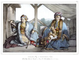 Ismael, Bey und Mehemet Pascha, Sohn von Veli, Pascha von Thessalien und Enkel von Ali Tebelen (1741-1822), Wesir von Janina, in "Reise nach Athen und Konstantinopel, oder Sammlung griechischer und osmanischer Porträts, Ansichten und Kostüme, vor Ort gemal