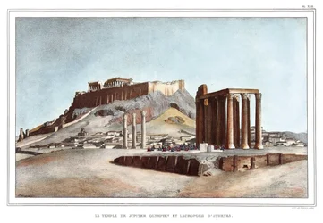 Der Tempel des Olympischen Jupiter und die Akropolis von Athen. in "Reise nach Athen und Konstantinopel, oder Sammlung griechischer und osmanischer Porträts, Ansichten und Kostüme, vor Ort gemalt, lithographiert und koloriert von Louis Dupre (1789-1837), v