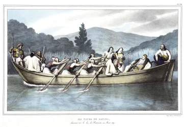 Ali Pascha von Janina (1741-1822), Jagd auf dem Butrinto-See im März 1819. in „Reise nach Athen und Konstantinopel, oder Sammlung griechischer und osmanischer Porträts, Ansichten und Kostüme, vor Ort nach der Natur gemalt, lithografiert und koloriert von 