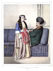 Ein armenischer Prinz und seine Frau, Duzoglous. in „Reise nach Athen und Konstantinopel, oder Sammlung griechischer und osmanischer Porträts, Ansichten und Kostüme, nach der Natur gemalt, lithografiert und koloriert von Louis Dupre (1789-1837), Schüler vo