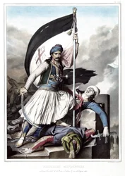 Nikolacki Nitropolos, der das Kreuzbanner an der Festung von Salona trug, die am Ostersonntag 1821 vom Osmanischen Reich erobert wurde. in „Reise nach Athen und Konstantinopel, oder Sammlung griechischer und osmanischer Porträts, Ansichten und Kostüme, nac