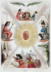 Le tonneau - Lithografie, aus Theatre des marionnettes du jardin des Tuileries, Text und Zeichnung von Louis Edmond Duranty