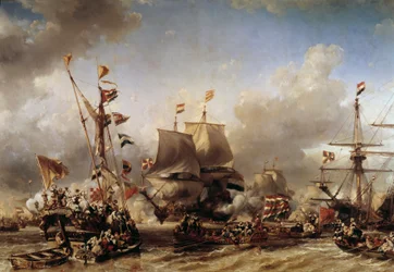 Anglo-Niederländischer Krieg: „Einschiffung des niederländischen Admirals Michel Adrien Ruyter und William de Witt für die Schlacht von Texel“ (Louis Gabriel Eugene Isabey)
