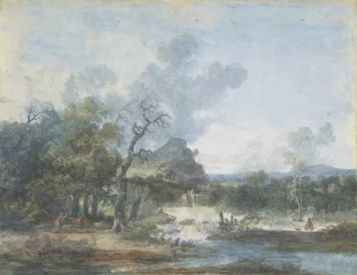 Hirtin in der Nähe eines Wasserfalls, n.d.