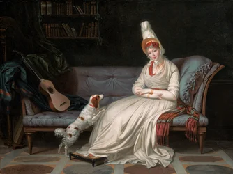 Porträt von Elizabeth, Lady Webster, später Lady Holland, in einem weißen Kleid mit ihrem Spaniel Pierrot, ca. 1795
