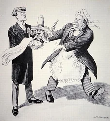Amerikanische Karikatur, die zeigt, wie Präsident Taft die problematische "mexikanische Situation" an seinen Nachfolger Woodrow Wilson im Jahr 1913 übergibt (Lithografie)